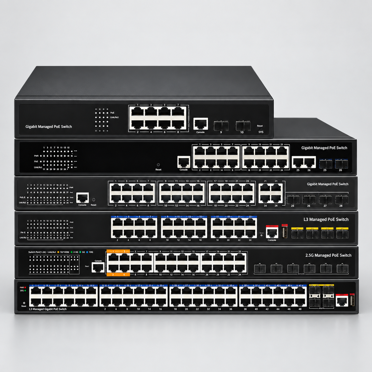 Sunsoont Managed PoE Switch with SFP+ Uplinks — studio-restyled supplier reference image